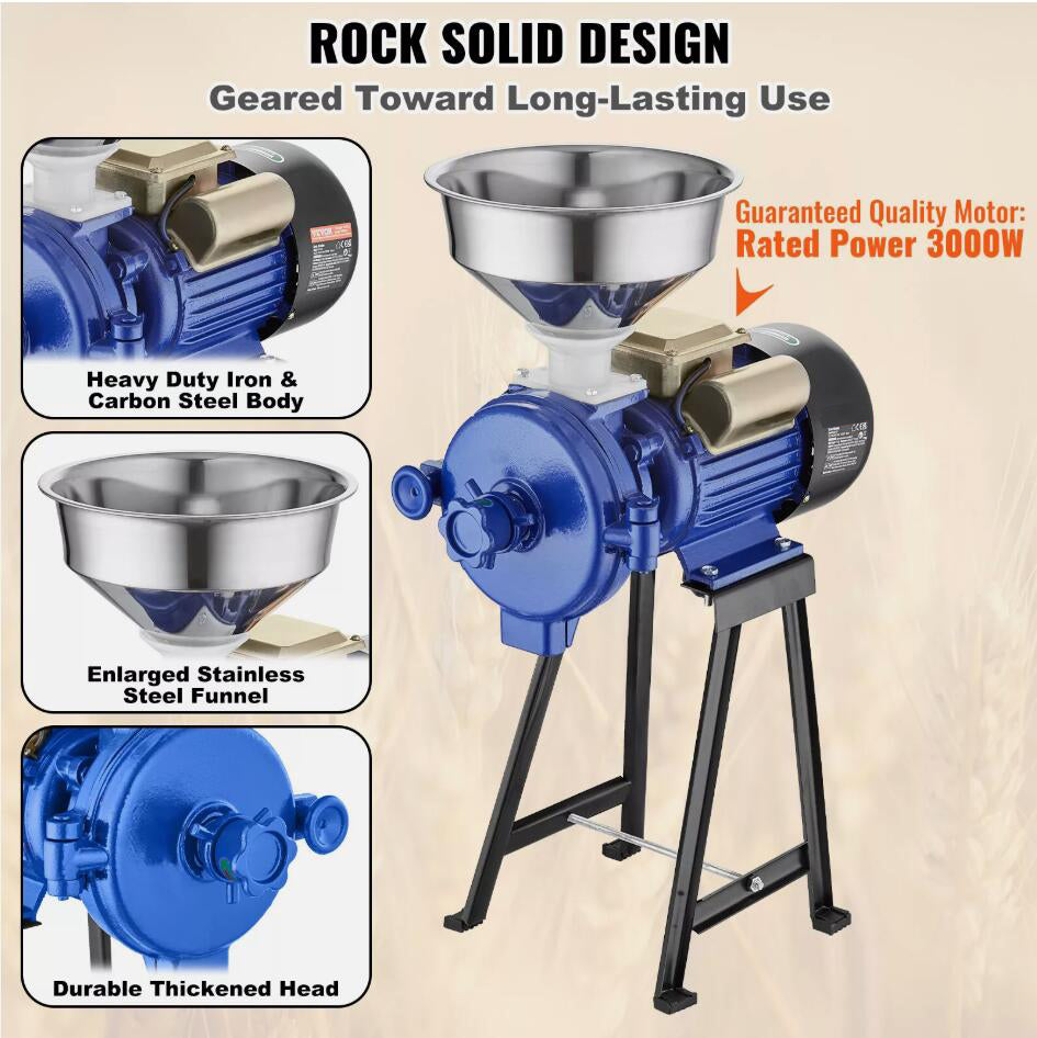 3000W Adjustable Heavy Duty Electric Grain Grinder Corn Wheat Flour Cereal Mill Dry Grinder