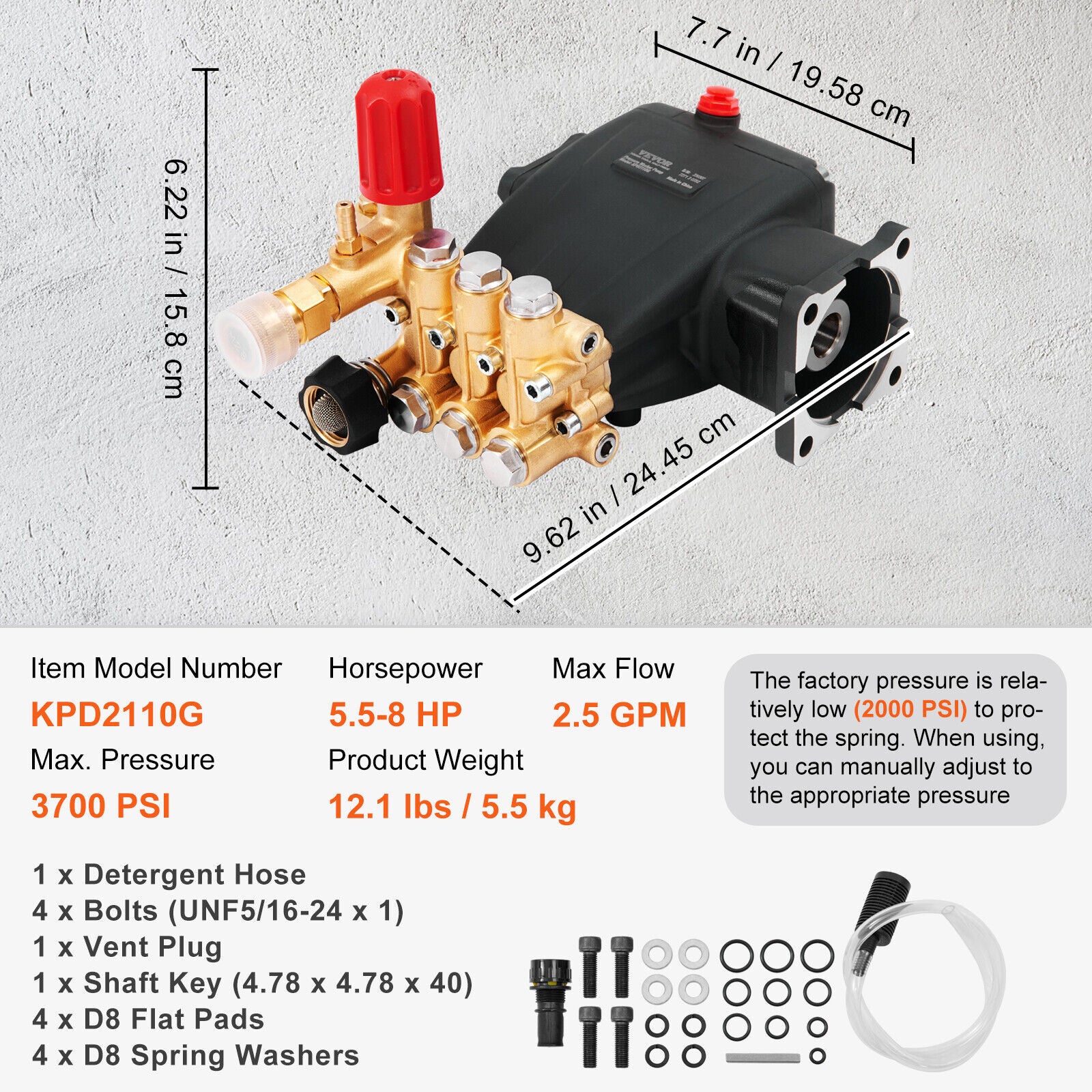 3700 PSI 2.5 GPM High Pressure Washer Pump Power Washer Pump 19 mm Horizontal