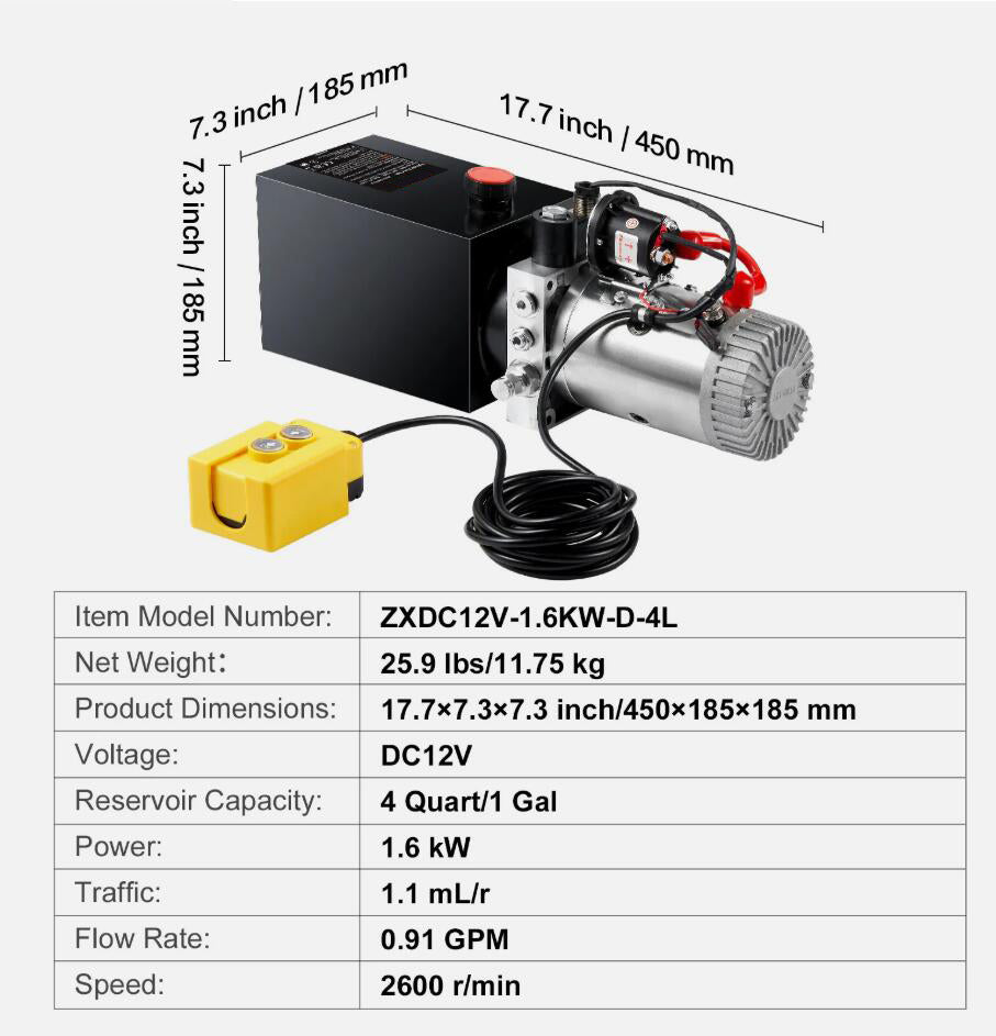 High-Powered 12V DC 1.6kW Hydraulic Power Pack Unit Single Acting Pump Dump Trailer Lift