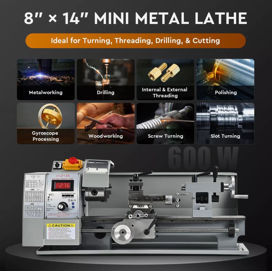 HEAVY DUTY 600W 8"x14" Mini Metal Lathe Stepless Speed Digital Display 3 Jaw Chuck