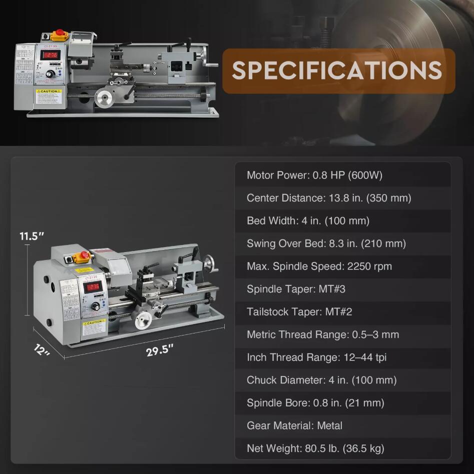HEAVY DUTY 600W 8"x14" Mini Metal Lathe Stepless Speed Digital Display 3 Jaw Chuck