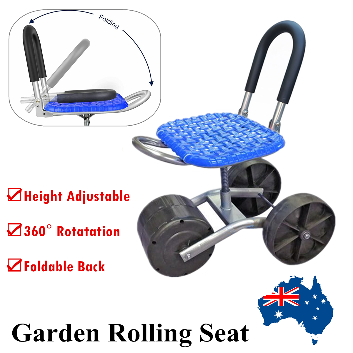 Gardening Stool with 3 Rolling Wheels 360° Rotates