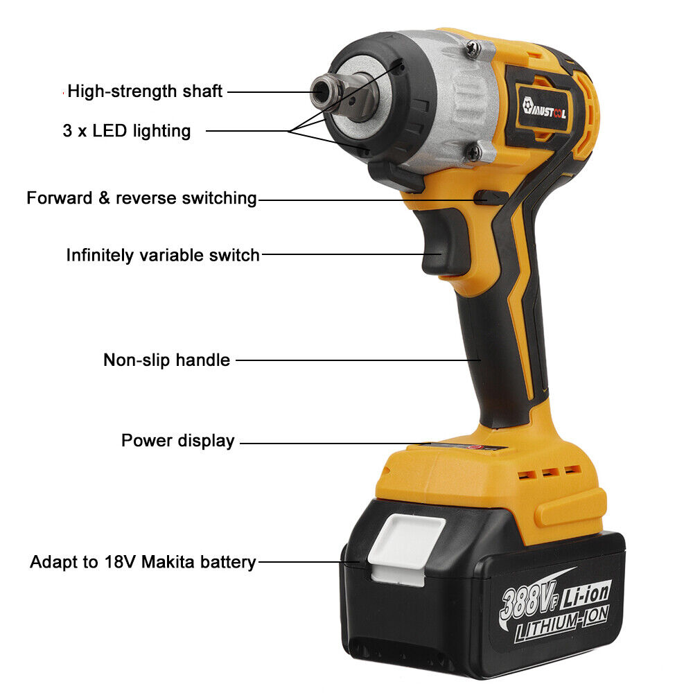 1000NM Electric Cordless Impact Wrench Brushless Rattle Gun Drill Tool ...