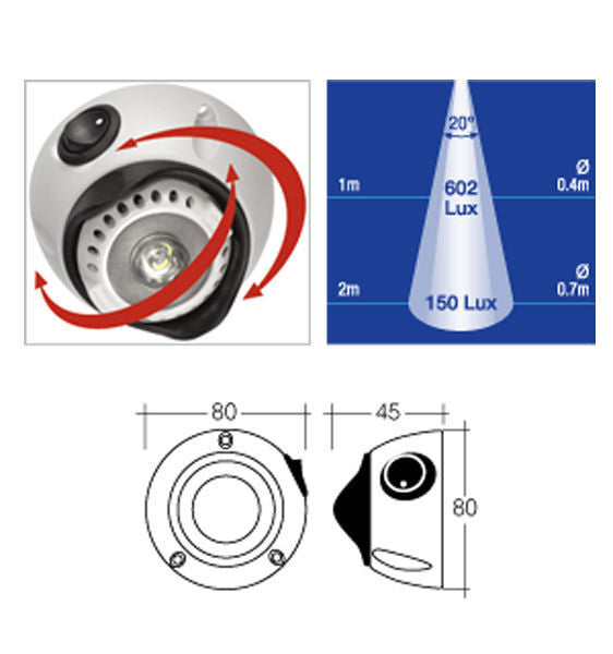 1W LED Caravan Interior Swivel Lamp with On and Off Switch