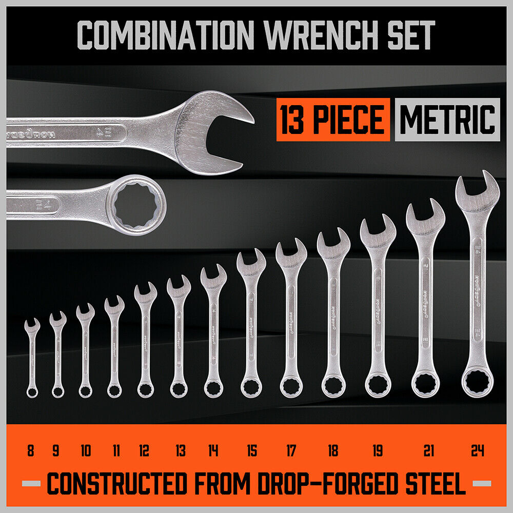 26Pc Spanner Set Wrench Metric & Imperial SAE Open Ring End CRV with Rolling Bag